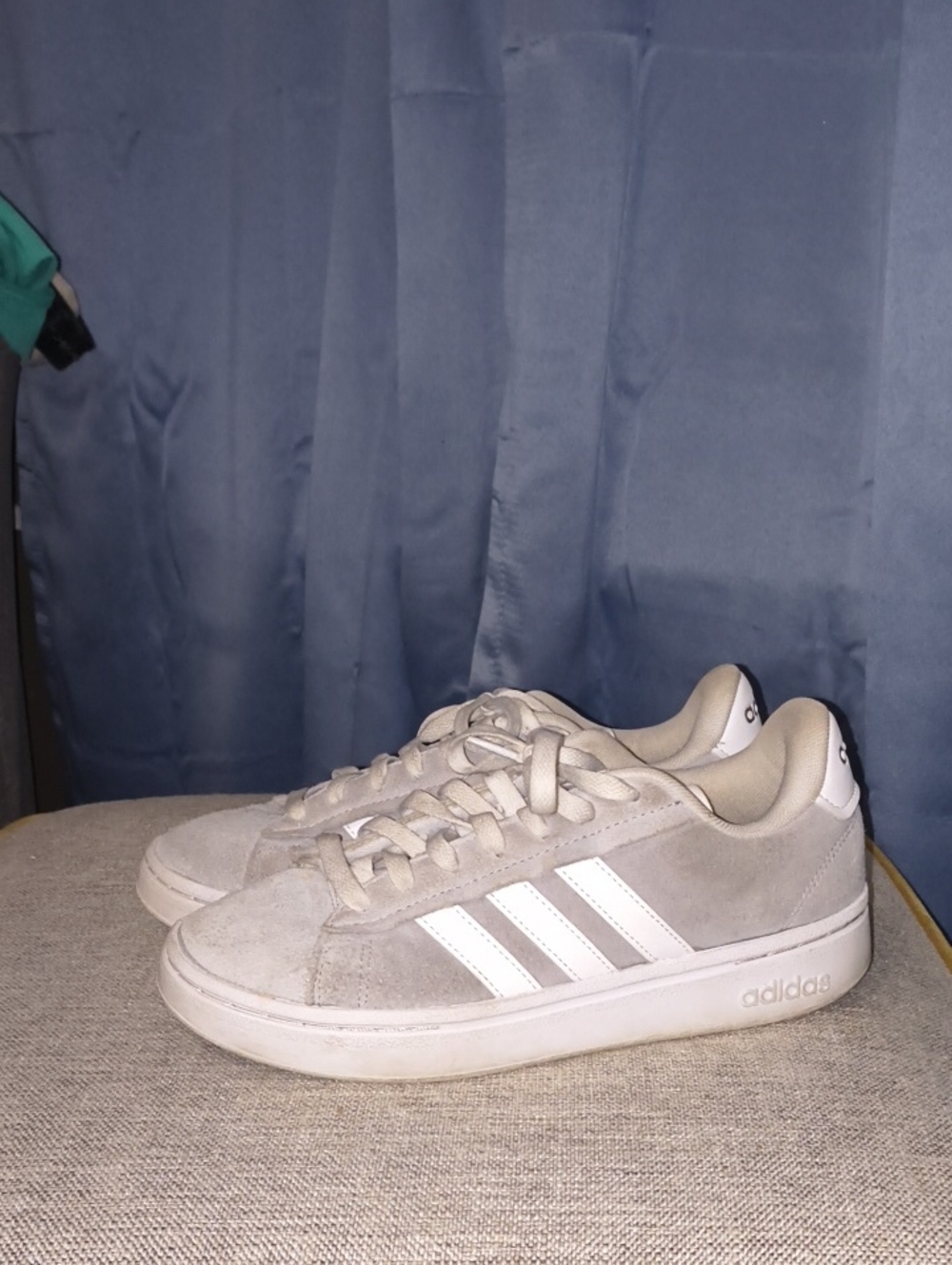 adidas Women’s Light Gray Suede Sneakers with White Stripes